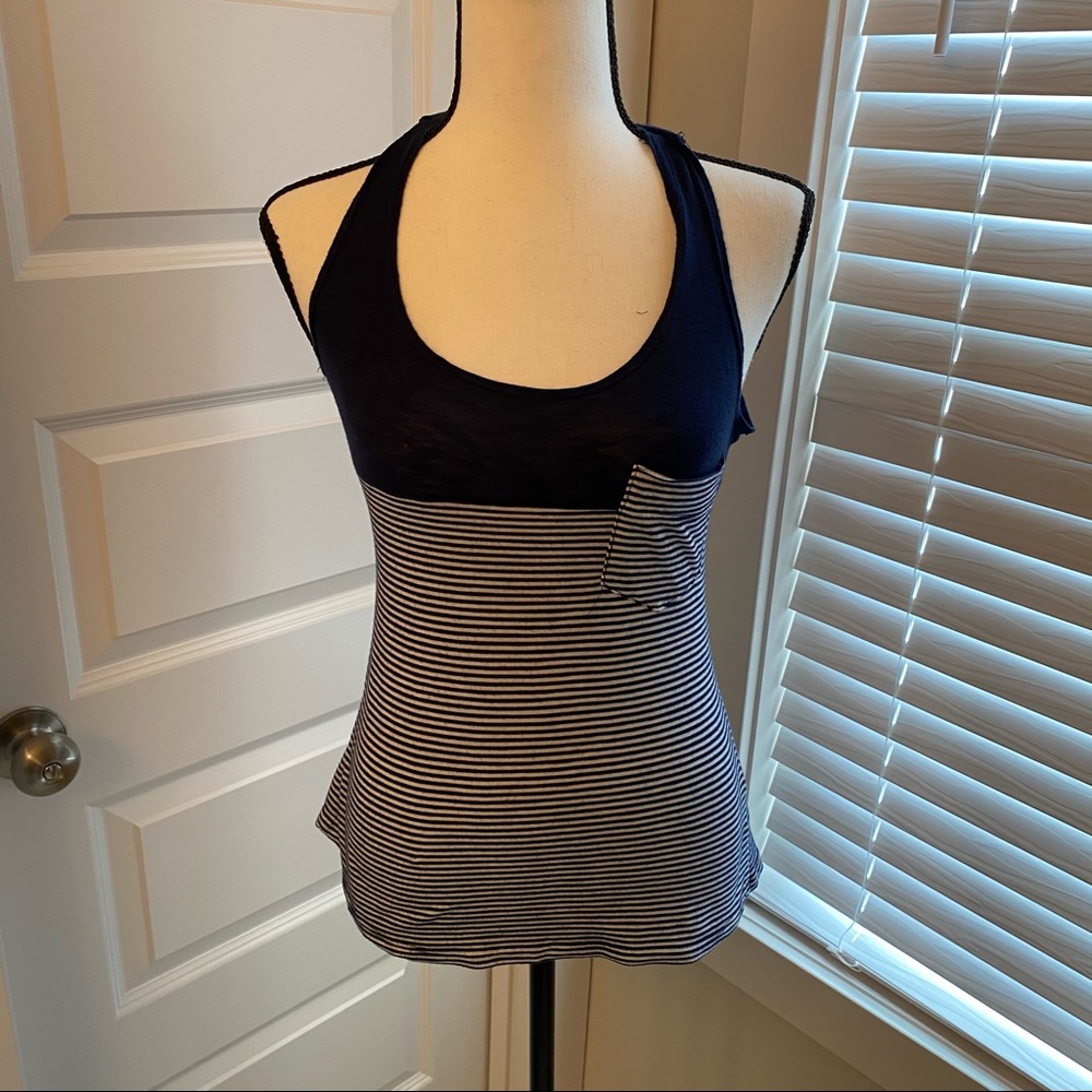 Papaya|| Navy/white striped razorback tank with front pocket